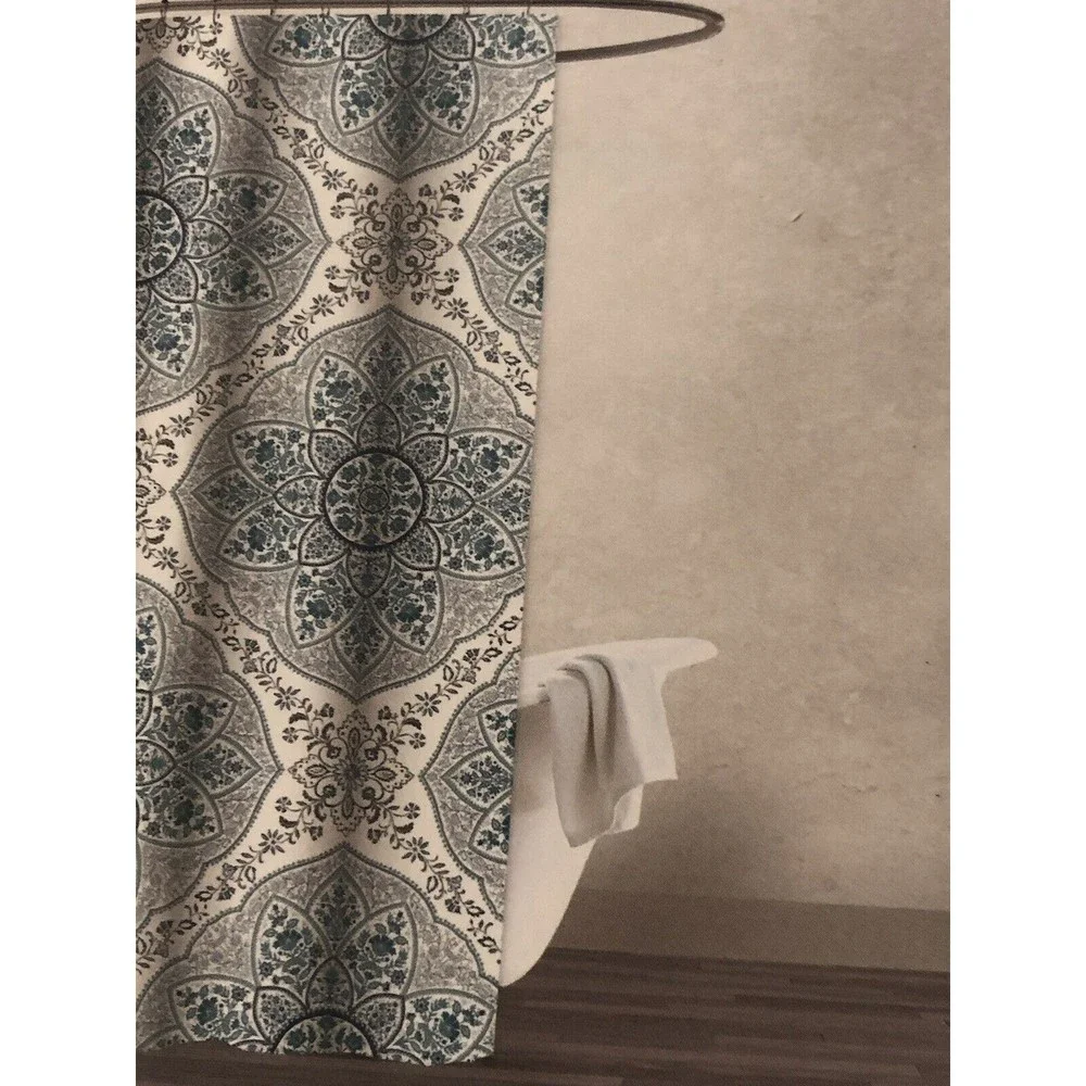New Envogue Aqua Green Floral Paisley Medallion Fabric Shower Curtain Cotton